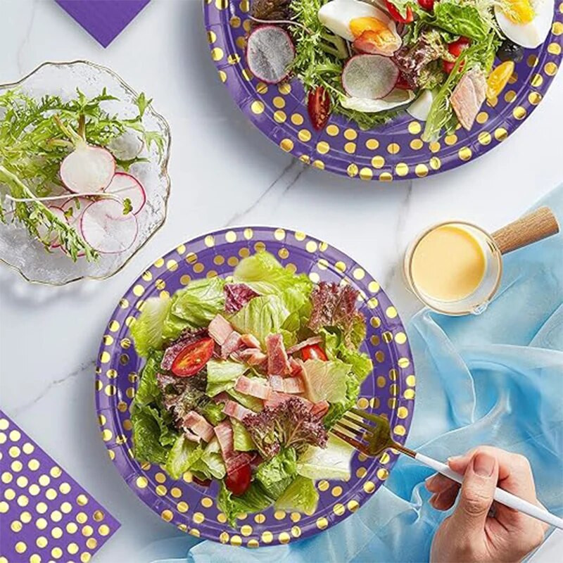 16 vnt./rinkinys Violetiniai auksiniai taškeliai vienkartiniai vakarėlio indai Gimtadienio vakarėlio reikmenys Popieriniai lėkštės Servetėlės puodeliai Vestuvių puošmena