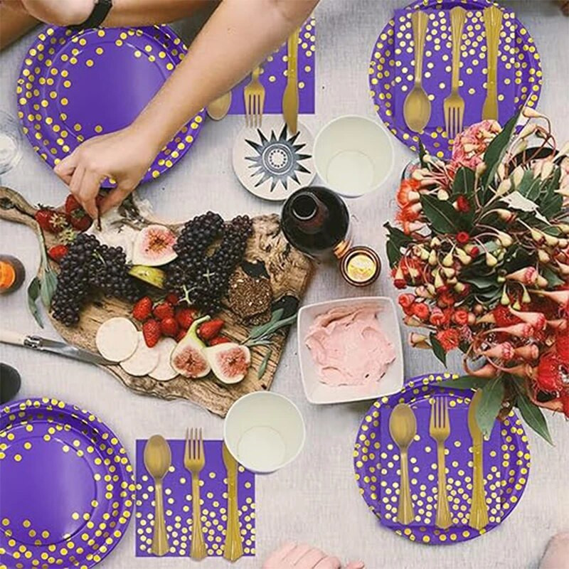 16 vnt./rinkinys Violetiniai auksiniai taškeliai vienkartiniai vakarėlio indai Gimtadienio vakarėlio reikmenys Popieriniai lėkštės Servetėlės puodeliai Vestuvių puošmena