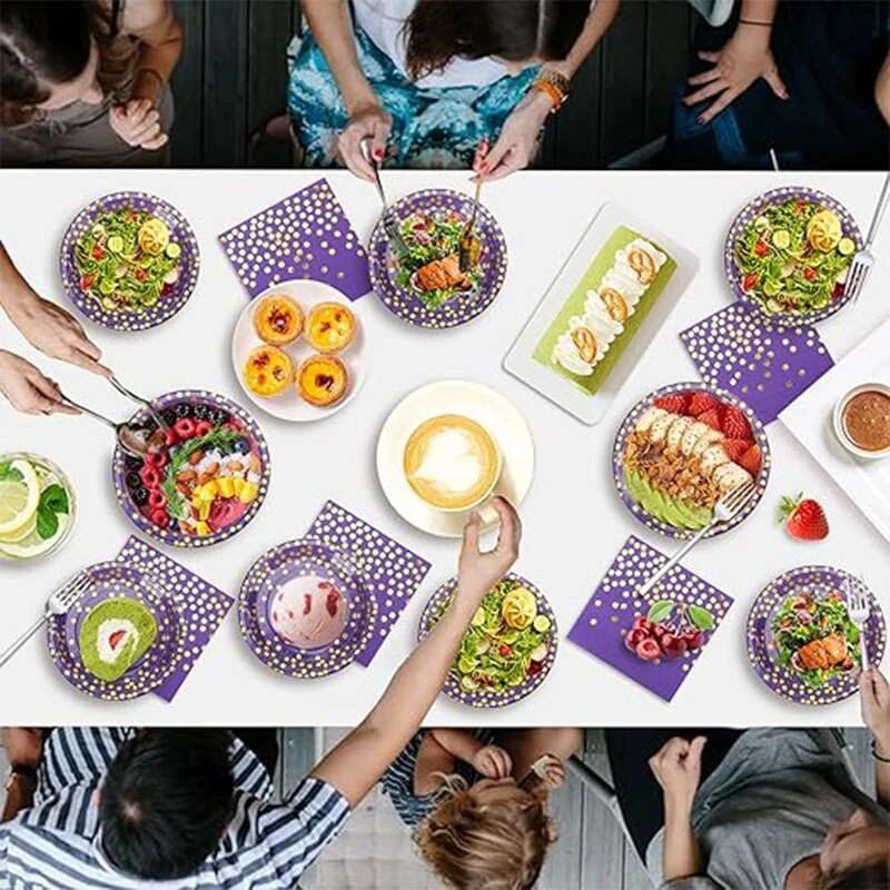 16 vnt./rinkinys Violetiniai auksiniai taškeliai vienkartiniai vakarėlio indai Gimtadienio vakarėlio reikmenys Popieriniai lėkštės Servetėlės puodeliai Vestuvių puošmena