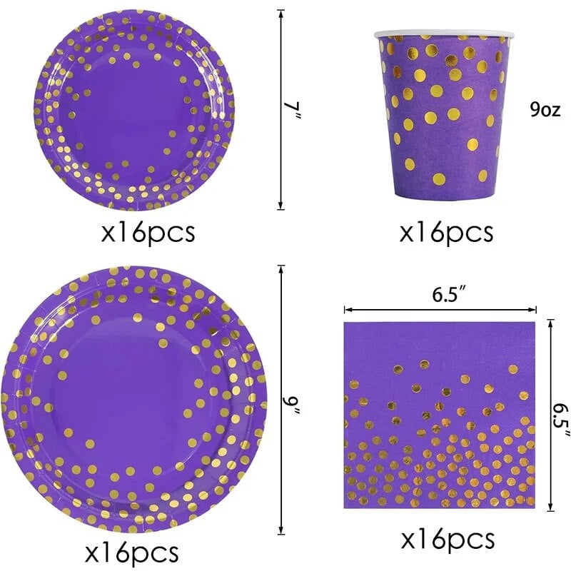 16 vnt./rinkinys Violetiniai auksiniai taškeliai vienkartiniai vakarėlio indai Gimtadienio vakarėlio reikmenys Popieriniai lėkštės Servetėlės puodeliai Vestuvių puošmena