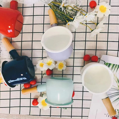 Oală de lapte în stil japonez de 500 ml, cu mâner din lemn, mini oală de cafea emailată cu unt oală vase de gătit tigaie pentru aragazul cu gaz instrument de bucătărie