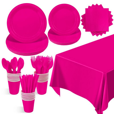 Твърди розови декорации за парти за рожден ден за момичета Посуда за еднократна употреба Хартиен материал Чаши Салфетки Чинии Вилица Лъжица Покривка