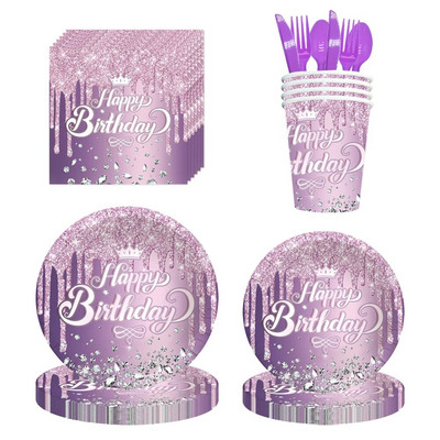 Лилав диамант Честит рожден ден Baby Shower Декорации за парти Покривка Банер Сервии Момичета Възрастни Консумативи за булчински душ