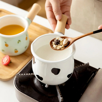 Μίνι σμάλτο κατσαρόλα γάλακτος καφέ με ξύλινη λαβή Κατσαρολάκι Μαγειρικά σκεύη για μωρό Πρωινό Αέριο Επαγωγικό μαγείρεμα πλιγούρι βρώμης