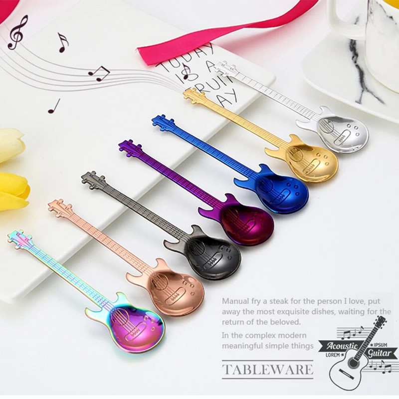 Δημιουργικό κουτάλι κιθάρας από ανοξείδωτο ατσάλι με μακριά λαβή για παγωτό Κουτάλια επιδόρπιο Μικρό κουτάλι τσαγιού για καφέ στο σπίτι Επιτραπέζια σκεύη κουζίνας