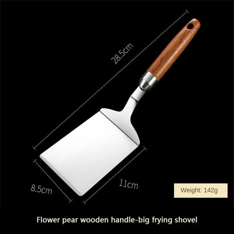 Nerūdijančio plieno kvadratinės galvutės kepsnys kepimo mentele medinė rankena picos kastuvas blynų jautienos vartytuvas grandiklis BBQ indai virtuvei