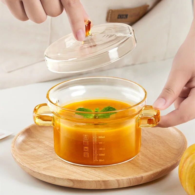 Klaasist pann Binauraalne supipott, läbipaistev hautamisklaasist kauss toiduvalmistamiseks Kööginõud, kaalu käepidemega köögitarvikud