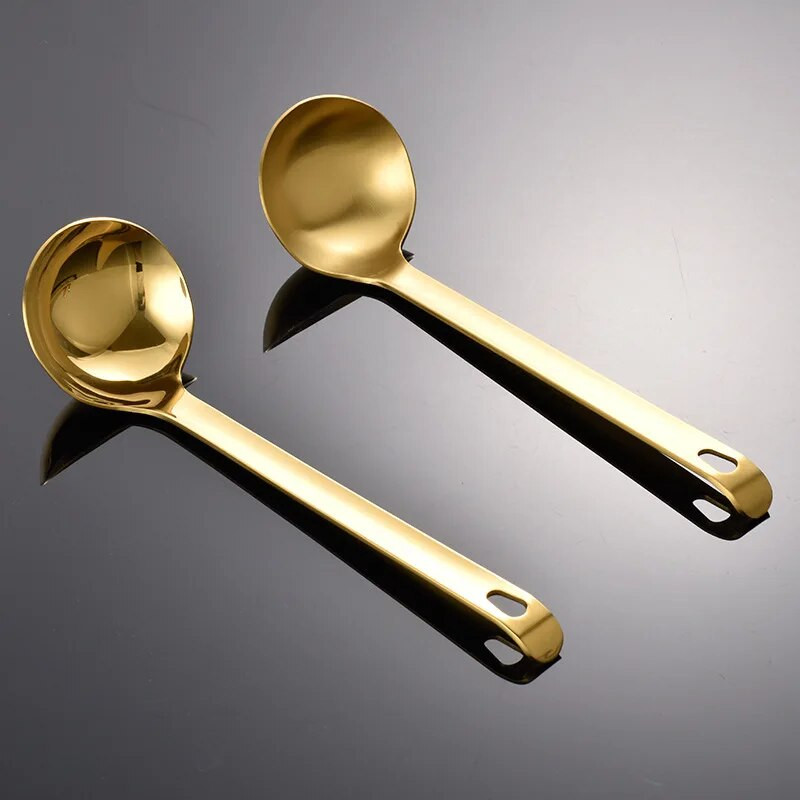 Auksinis apvalus didelis serviravimo šaukštas nerūdijančio plieno ramen sriubos kaušelis karšto puodo makaronų kaušelis virtuvėje ilga rankena virimo šaukštai
