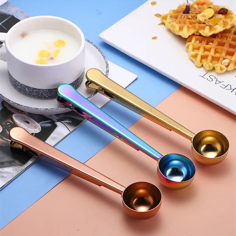 Nerūdijančio plieno šiaurietiško stiliaus kavos dribsniai Kavos pupelių šaukštai Daugiafunkcis sandarinimas Šviežias laikymo segtukas Virtuvės priedai Įrankis