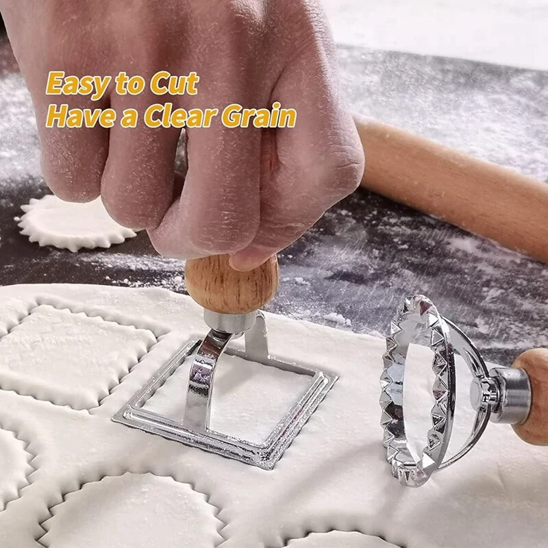 Комплект резачки за паста за равиоли, машина за печати за равиоли с дървена дръжка за равиоли, паста, кнедли, лазаня, пироги