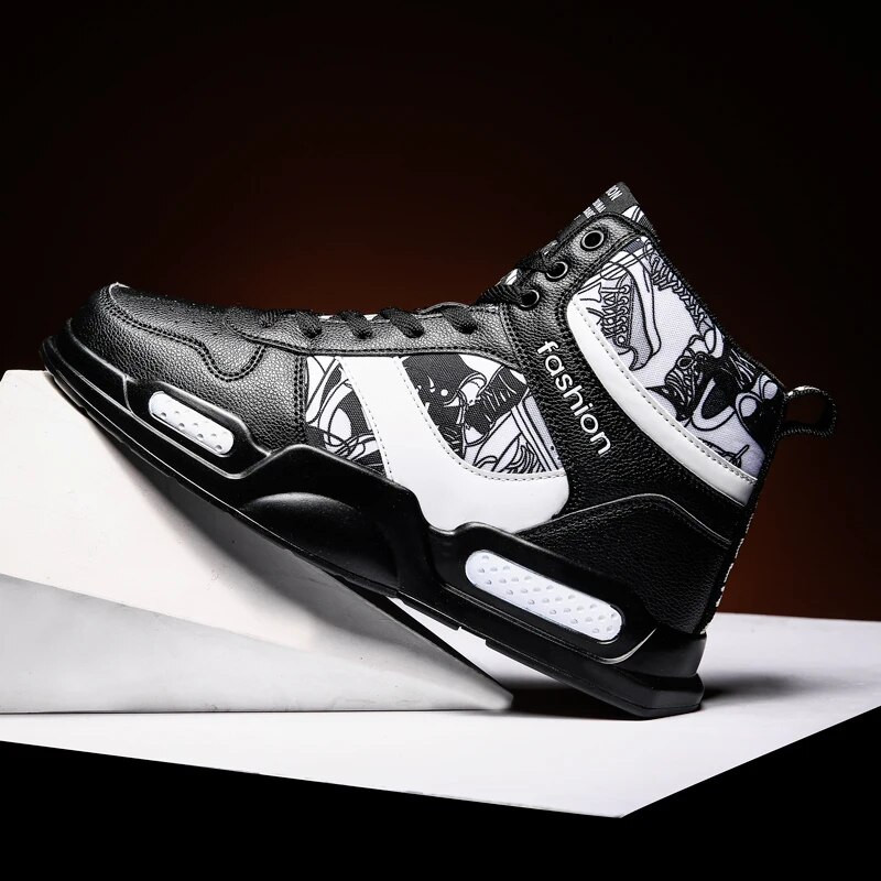 Марка Мъжки спортни обувки Високи маратонки с графити Модерни момчета Баскетболни спортни тенис обувки Спортни обувки за фитнес на открито