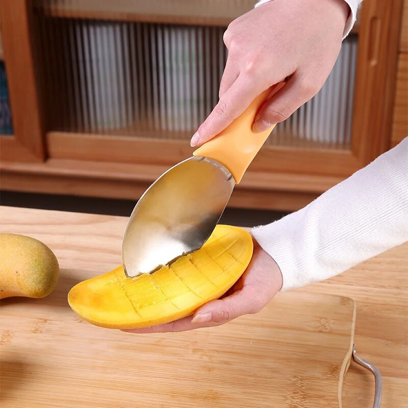 Tăiător multifuncțional de mango, separator de pulpă de fructe, separator de avocado, instrument de tăiere, lingură, lingură de fructe tăiată cubulețe pentru unelte de bucătărie