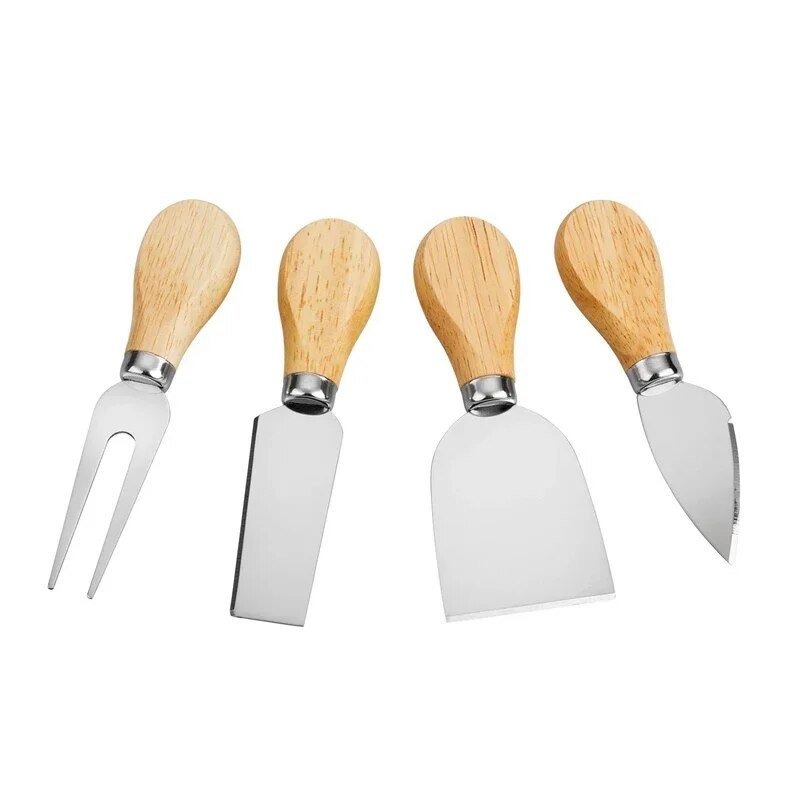 Set 4 cuțite pentru brânză Tacâmuri pentru brânză Cuțit pentru unt, spatulă și furculiță, oțel inoxidabil, tăietor de brânză, mini cuțit cu mâner din lemn