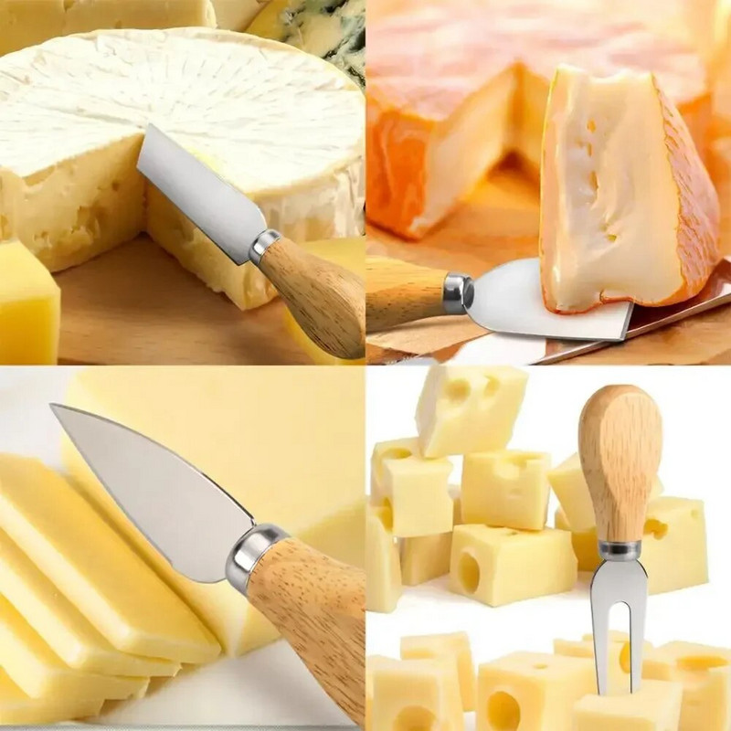 Set 4 cuțite pentru brânză Tacâmuri pentru brânză Cuțit pentru unt, spatulă și furculiță, oțel inoxidabil, tăietor de brânză, mini cuțit cu mâner din lemn
