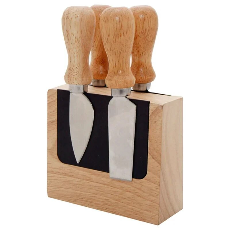 Set 4 cuțite pentru brânză Tacâmuri pentru brânză Cuțit pentru unt, spatulă și furculiță, oțel inoxidabil, tăietor de brânză, mini cuțit cu mâner din lemn