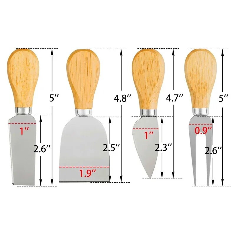 Set 4 cuțite pentru brânză Tacâmuri pentru brânză Cuțit pentru unt, spatulă și furculiță, oțel inoxidabil, tăietor de brânză, mini cuțit cu mâner din lemn
