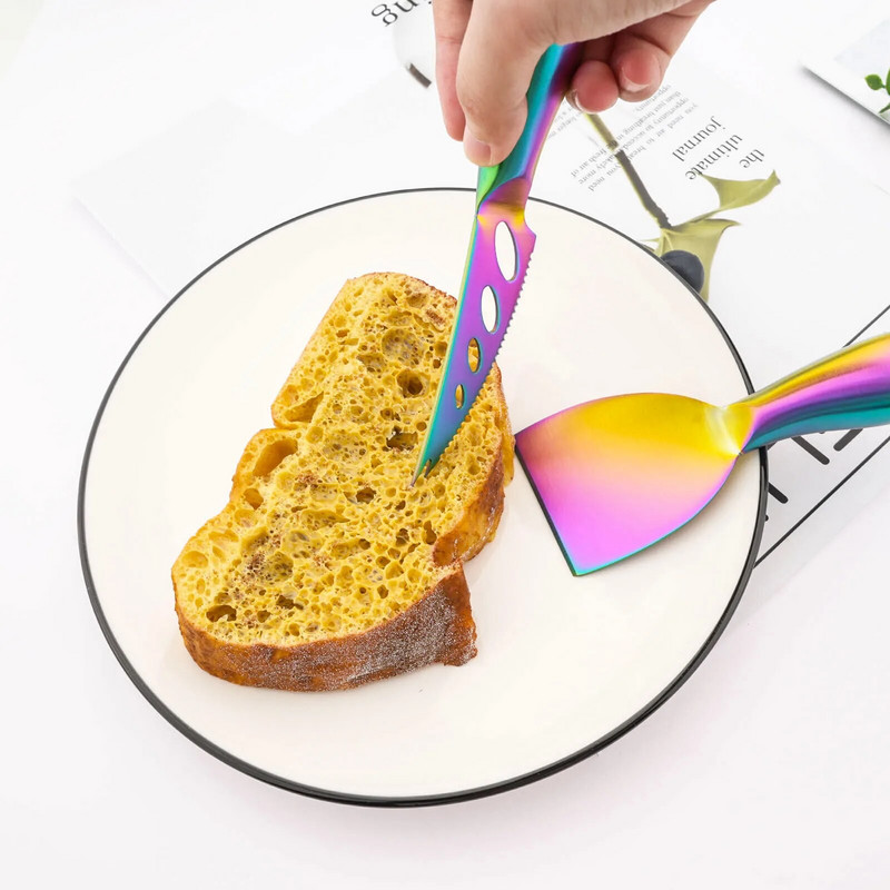 1 buc. Cuțite colorate pentru brânză, mâner din oțel inoxidabil, tăietor pentru brânză, tablă pentru brânză, spatulă pentru unt, instrumente pentru brânză de bucătărie, veselă