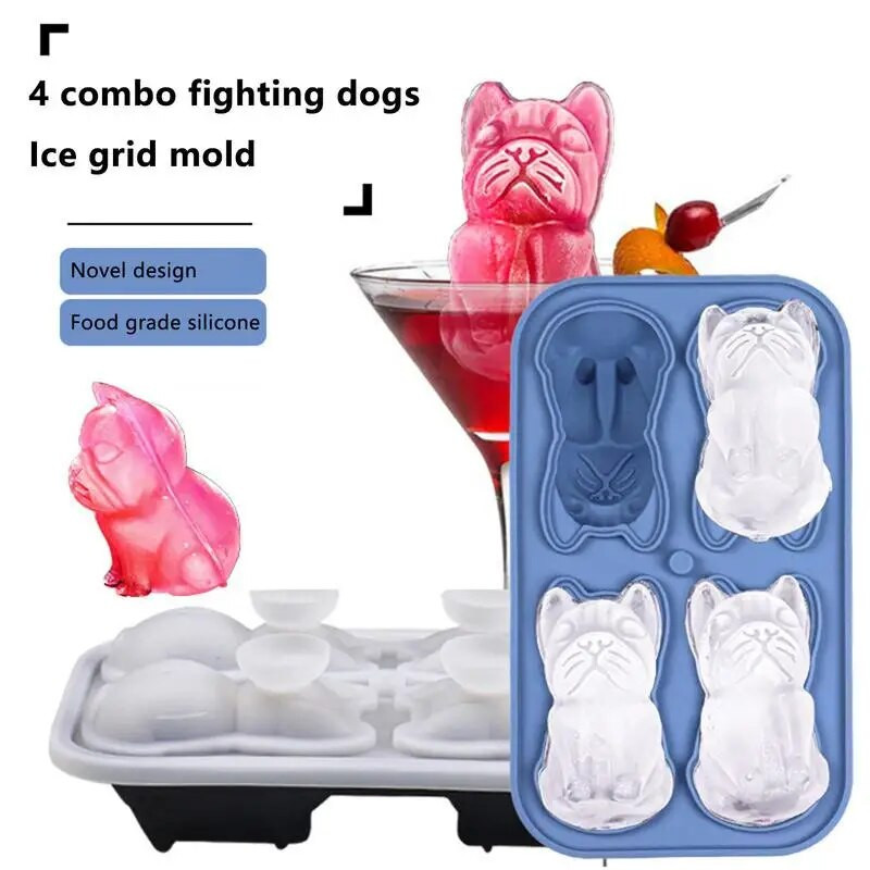 Tavă pentru cuburi de gheață Bulldog Formă de câine Formă din silicon reutilizabil cu 4 cavități Noutate amuzantă Tavă de băuturi în formă de Bulldog pentru băutură răcită de cafea