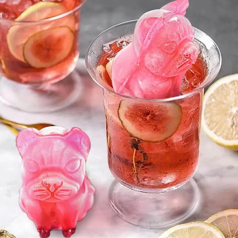 Tavă pentru cuburi de gheață Bulldog Formă de câine Formă din silicon reutilizabil cu 4 cavități Noutate amuzantă Tavă de băuturi în formă de Bulldog pentru băutură răcită de cafea