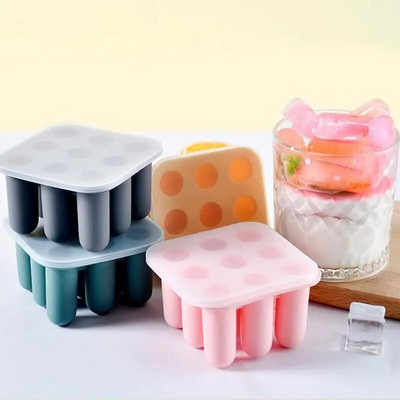 Σπίτι 9 Grid Food Grade Silicone Ice Tray with Kap DIY φόρμα παγωτού τετράγωνου σχήματος Παγωτομηχανή Αξεσουάρ κουζίνας μπαρ