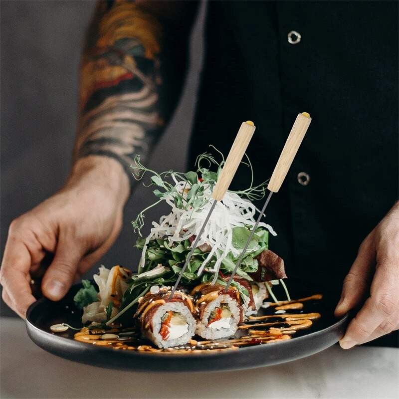 6 bucăți/set oțel inoxidabil ciocolată furculiță fierbinte oală furculiță din lemn brânză fructe desert furculiță fondue topire frigarui accesorii de bucătărie