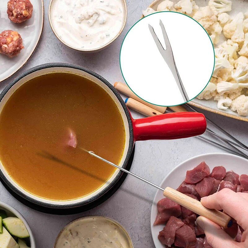 6 bucăți/set furculițe pentru fondue din oțel inoxidabil, mâner din lemn, furculițe pentru ciocolată, fructe, desert, brânză, furculiță pentru grătar, oală fierbinte, frigărui, unelte de bucătărie