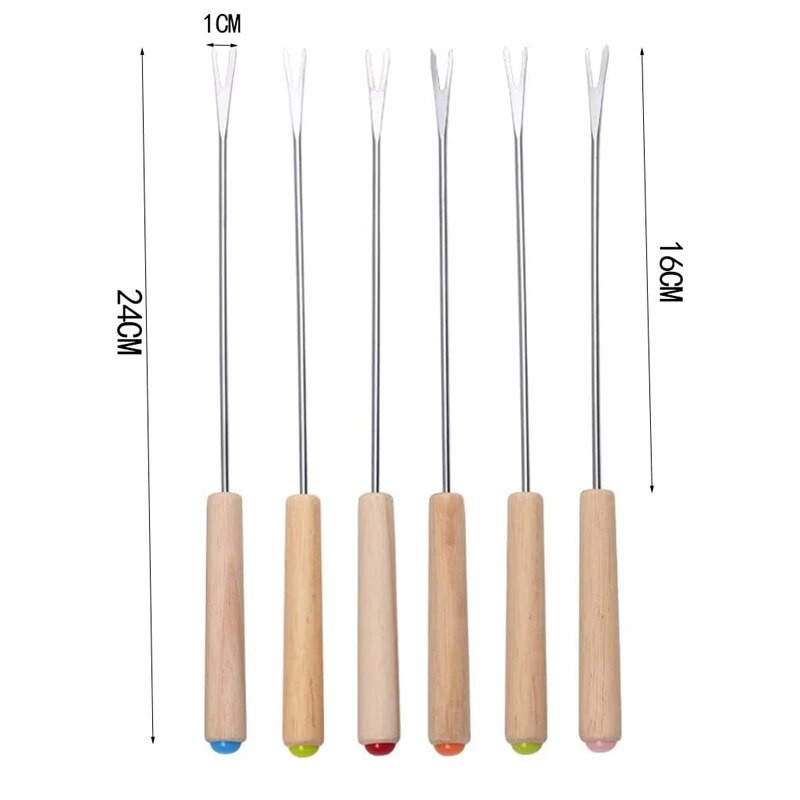 6 bucăți/set furculițe pentru fondue din oțel inoxidabil, mâner din lemn, furculițe pentru ciocolată, fructe, desert, brânză, furculiță pentru grătar, oală fierbinte, frigărui, unelte de bucătărie