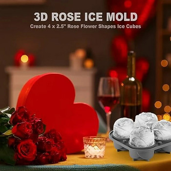 Τρισδιάστατο τετράγωνο καλούπι τριαντάφυλλου πάγου, τετράγωνοι δίσκοι πάγου, φτιάξτε 4 γιγάντια χαριτωμένα πάγο σε σχήμα λουλουδιών, Διασκεδαστικό πλυντήριο πιάτων Big Ice Ball Maker