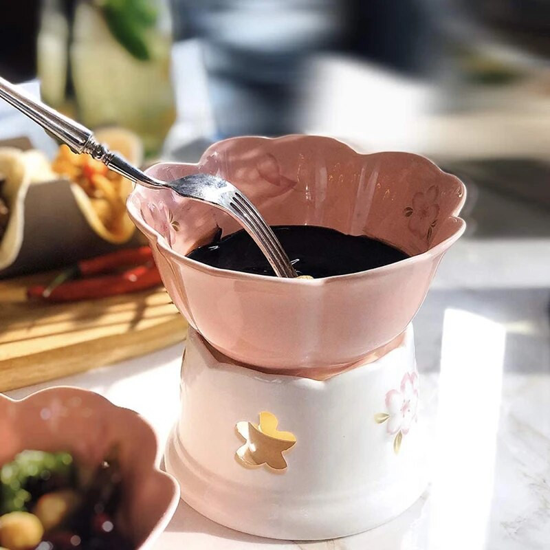 Kuhinjski set lonaca za fondue, glazirani keramički lonac za fondue za sir ili čokoladu, tapas, set za grijanje maslaca. 200 ml.