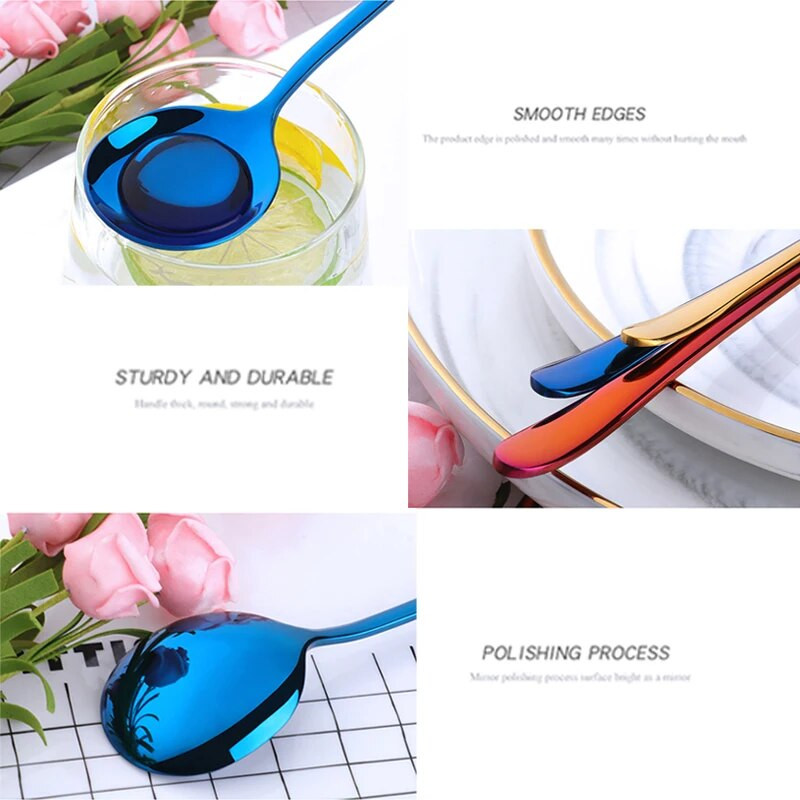 Rozsdamentes acél kávés teáskanalak Arany Kék Gyönyörű teáskanál Keverő leveses kanál étkészlet evőeszközök karácsonyi tálaló kanál