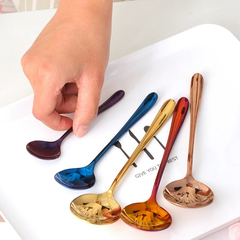 Rozsdamentes acél kávés teáskanalak Arany Kék Gyönyörű teáskanál Keverő leveses kanál étkészlet evőeszközök karácsonyi tálaló kanál