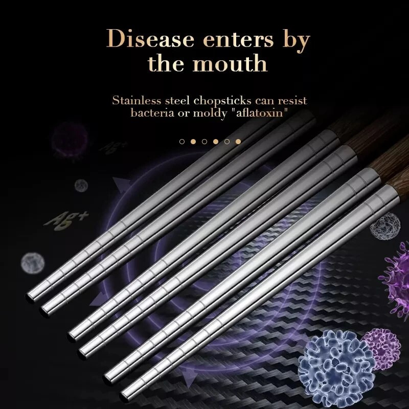 Fa nyelű pálcika rozsdamentes acél pálcika háztartási hegyes kínai pálcika sushi evőeszköz csúszásmentes pálcika szett