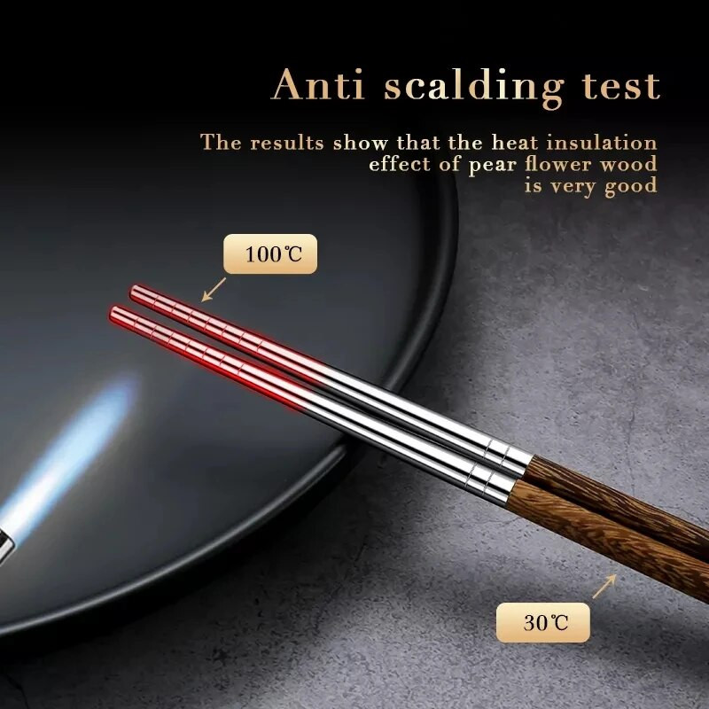 Fa nyelű pálcika rozsdamentes acél pálcika háztartási hegyes kínai pálcika sushi evőeszköz csúszásmentes pálcika szett