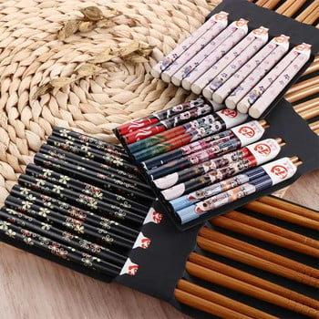 Επαναχρησιμοποιήσιμα 5 ζεύγη chopsticks σετ χειροποίητα ιαπωνικό στυλ Chopsticks από φυσικό ξύλο Sushi Food Cat Flower Ξύλινα μπριζόλα