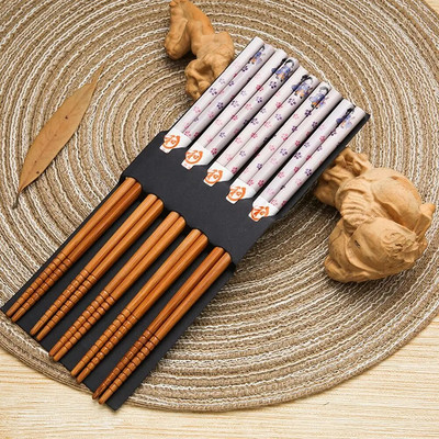 Επαναχρησιμοποιήσιμα 5 ζεύγη chopsticks σετ χειροποίητα ιαπωνικό στυλ Chopsticks από φυσικό ξύλο Sushi Food Cat Flower Ξύλινα μπριζόλα