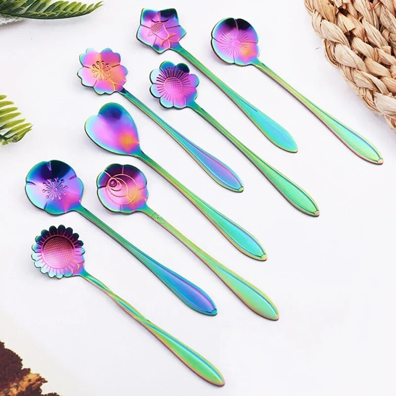 8 DB virágos kanalak készlet kis teáskanál rozsdamentes acél kávéskanál Szép fagylaltos desszert kanalak kanál készlet étkészlet