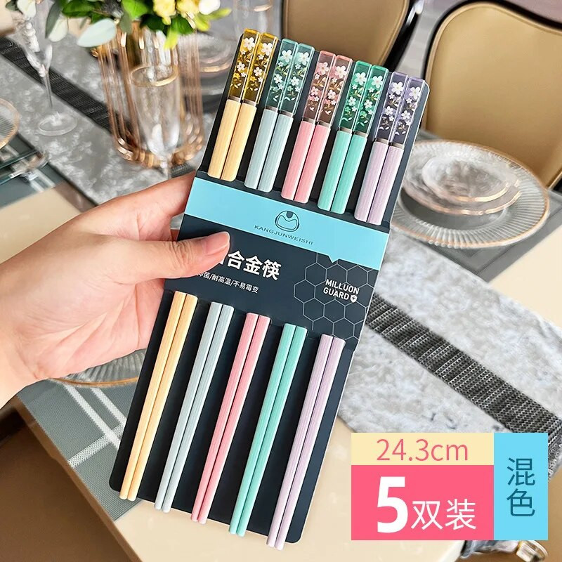 5 pár pálcika Háztartási ötvözet pálcika Egészséges pálcika étkezés Kínai családi csúszásmentes pálcika
