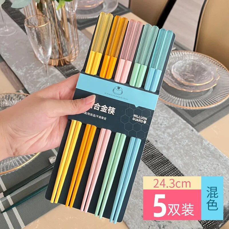 5 pár pálcika Háztartási ötvözet pálcika Egészséges pálcika étkezés Kínai családi csúszásmentes pálcika
