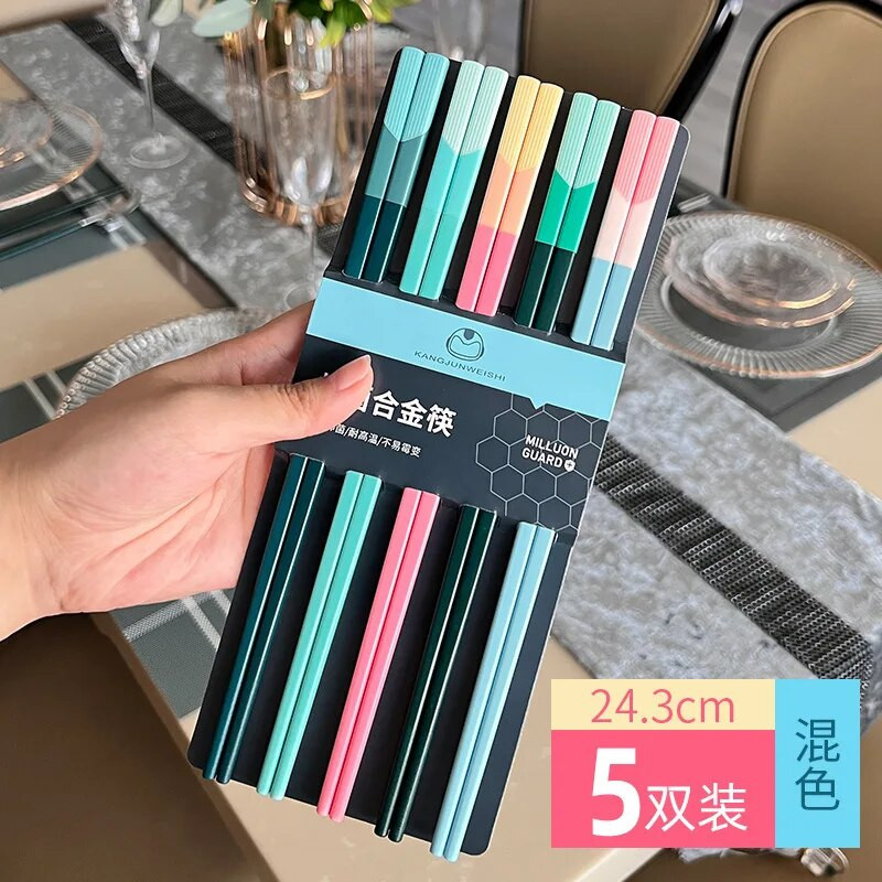 5 pár pálcika Háztartási ötvözet pálcika Egészséges pálcika étkezés Kínai családi csúszásmentes pálcika