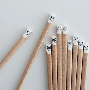 1 чифт 22,5 см сладки анимационни шарки с животински мотиви Дълги дървени пръчици в японски стил Заострени неплъзгащи се пръчици Природен цвят