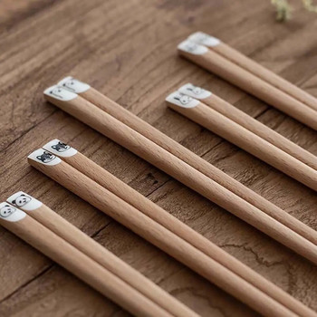 1 чифт 22,5 см сладки анимационни шарки с животински мотиви Дълги дървени пръчици в японски стил Заострени неплъзгащи се пръчици Природен цвят