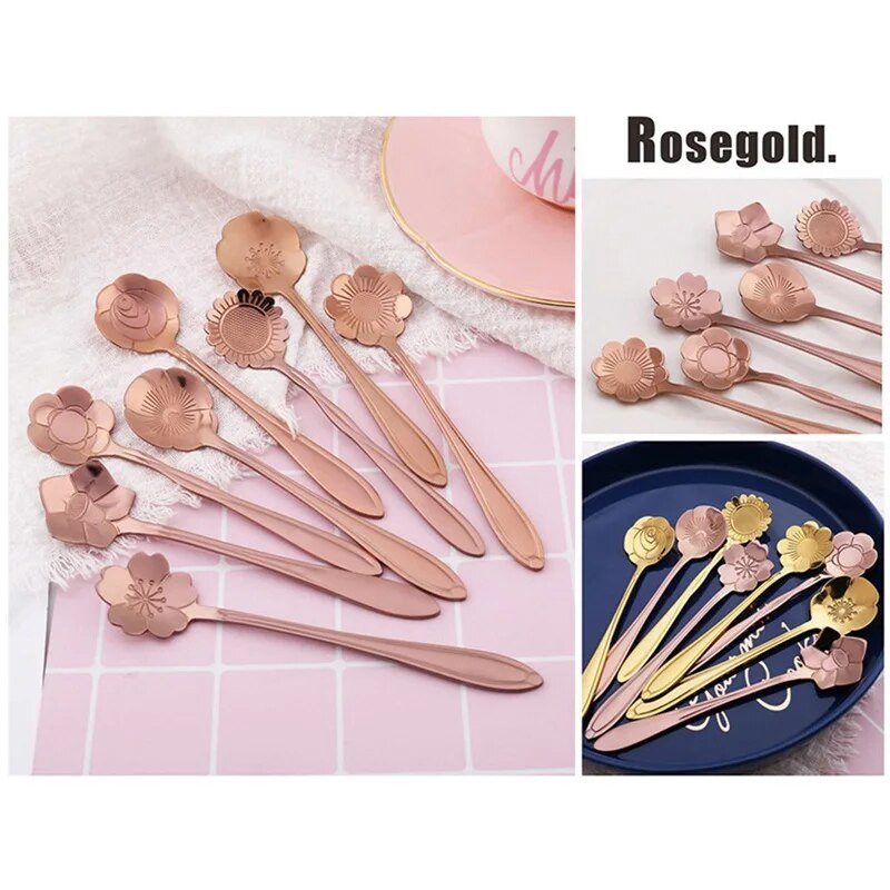 8db/szett Virág desszert kanalak rozsdamentes acél kávéskanál arany kis teáskanál Kreatív cseresznyevirág fagylalt gyümölcs méz