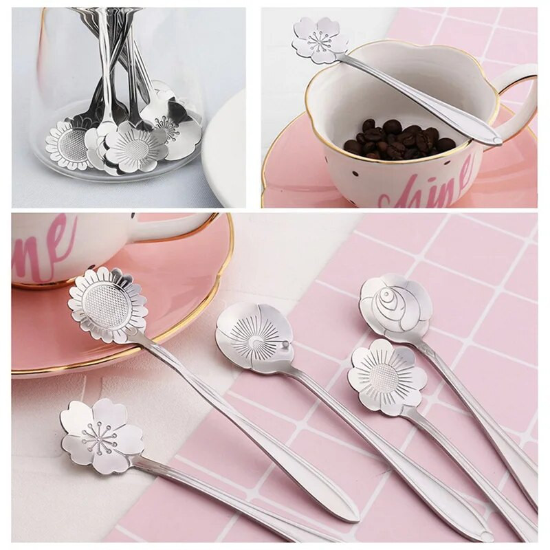 8db/szett Virág desszert kanalak rozsdamentes acél kávéskanál arany kis teáskanál Kreatív cseresznyevirág fagylalt gyümölcs méz