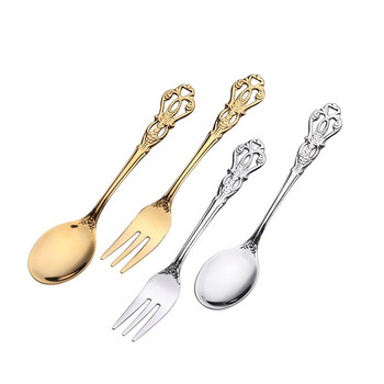 6 бр Royal Spoon Fork Set Злато от неръждаема стомана Луксозни сервизи за хранене Леден следобеден чай Кухненски десерт Сребърни прибори Подарък