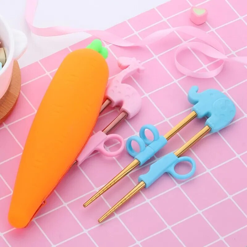 1 pár rozsdamentes acél evőpálcika gyerekeknek rajzfilm tanulási evőpálcikák Újrafelhasználható edzőpálcikák Aranyos gyermek étkészlet