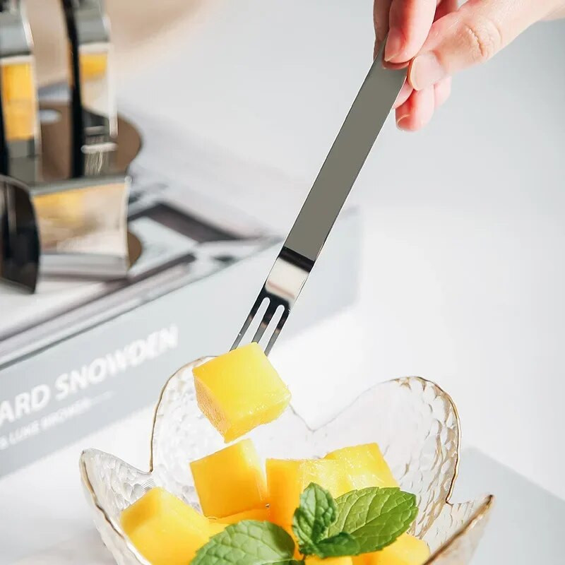 6 db arany gyümölcsvilla állvánnyal, rozsdamentes acél kávé tea villa készlet sütemény desszert mini villa délutáni parti ezüst evőeszköz