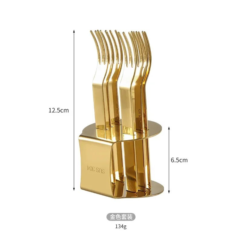 6 db arany gyümölcsvilla állvánnyal, rozsdamentes acél kávé tea villa készlet sütemény desszert mini villa délutáni parti ezüst evőeszköz