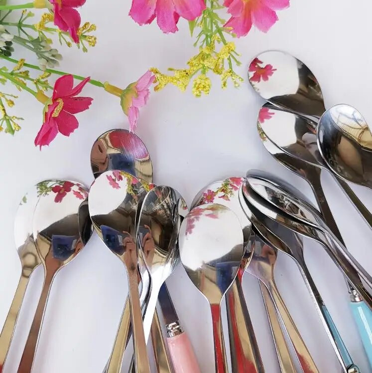 5db/tétel Konyhai eszköz Fashion Rozsdamentes acél kanál /156mm Bone China gyümölcskanál /tortadesszert Kanál étkészlet