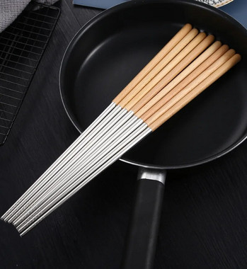 Chopsticks μήκους 40 cm από ανοξείδωτο ατσάλι Noodle Frying Food Chop Stick Κουζίνα Αντιολισθητική Ξύλινη Λαβή Αντιζευκτικό Εργαλείο μαγειρέματος σε ζεστή κατσαρόλα