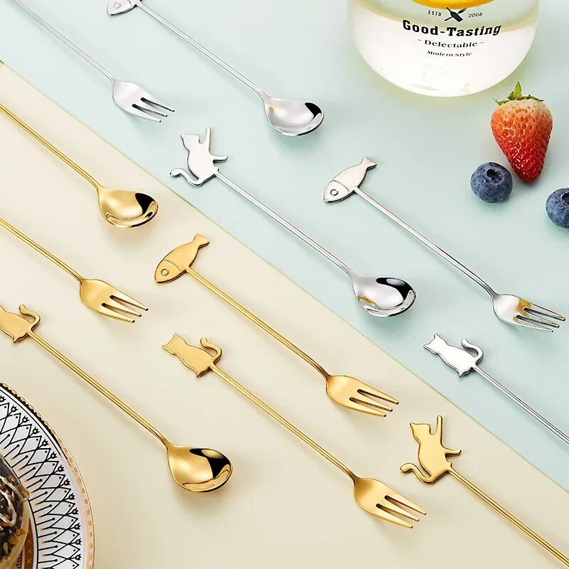 Macska Halkanalak Villák Rozsdamentes acél Gyerekek Desszert Konyhai Evőeszközök Fagylalt Torta Kávé Méz Keverő Fűszeres Kanál Villa